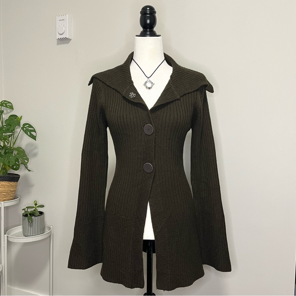 Olive Green Ribbed Knit Long Cardigan